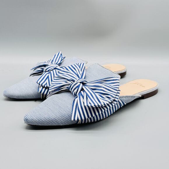 J Crew Sandals Womens 8.5 Blue White Stripes Mules Bow Pointed Toe Slides Flat - Picture 4 of 12